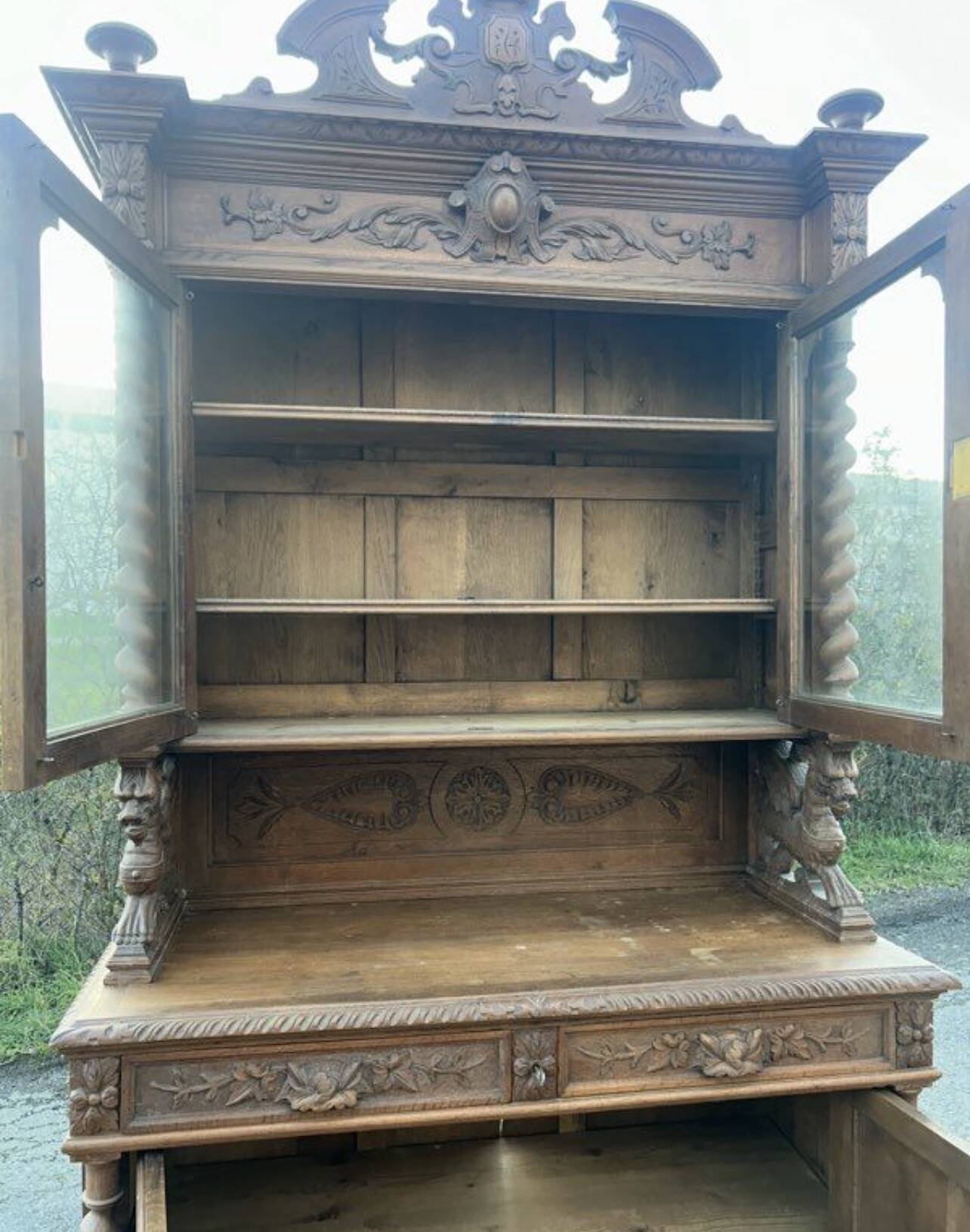 Henri II two-body buffet carved from solid wood