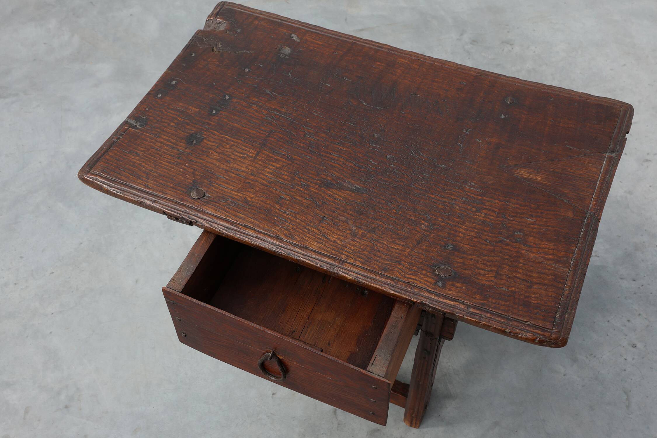 17th Century Spanish Oak Side Table with Drawer in Wabi Sabi Style