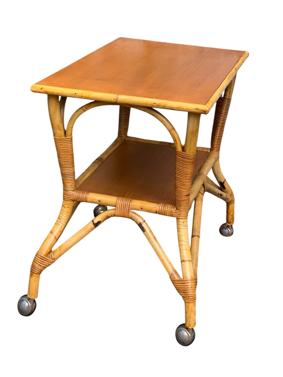 Vintage rattan and oak serving trolley 1960