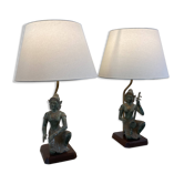 Lampes de table en bronze du milieu du siècle, musiciens thaïlandais, patine vert-de-gris, base en bois 19