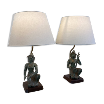 Lampes de table en bronze du milieu du siècle, musiciens thaïlandais, patine vert-de-gris, base en bois 19