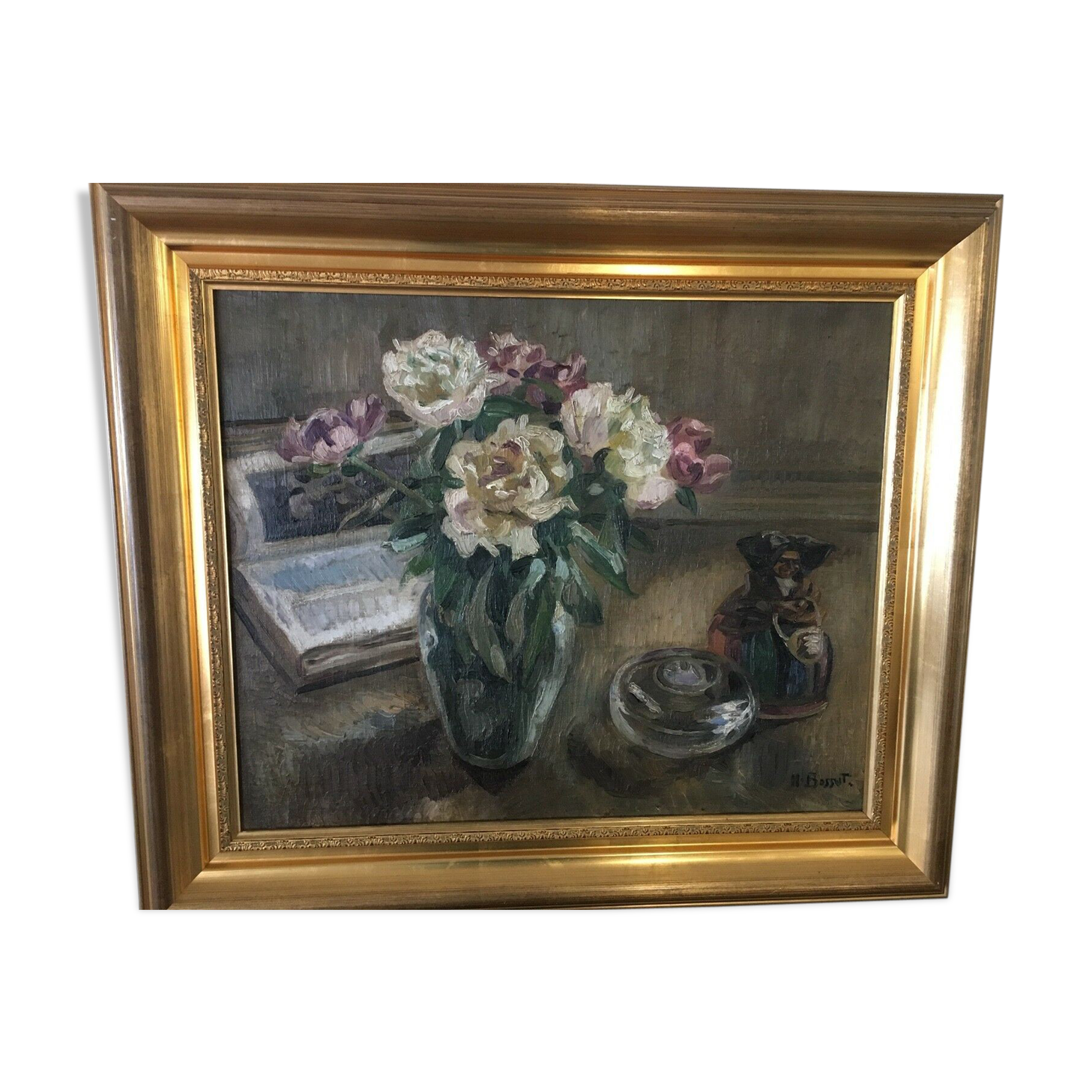 Tableau à l'huile sur toile décor floral signée H.Bossut