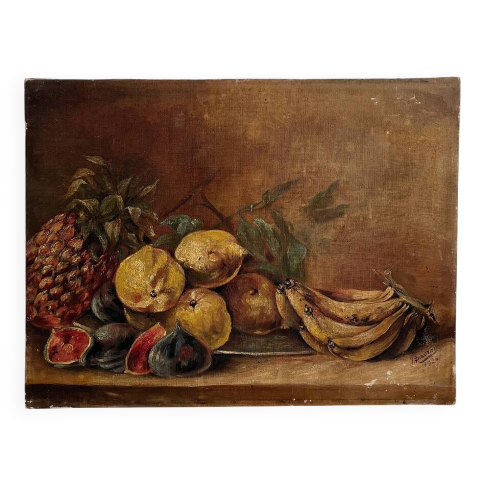 Old oil painting on canvas still life with exotic fruits