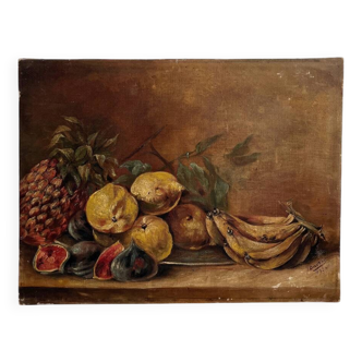 Old oil painting on canvas still life with exotic fruits