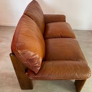 Old 2-seater leather and walnut sofa design 70s Mobil Girgi Mario Marenco vintage Italy