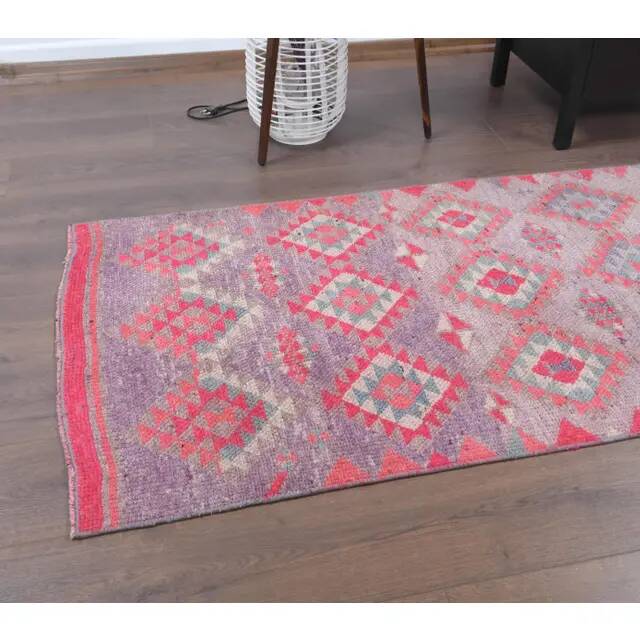 Vintage Turkish Hand-Knotted Wool Cotton Pink Runner 83x324