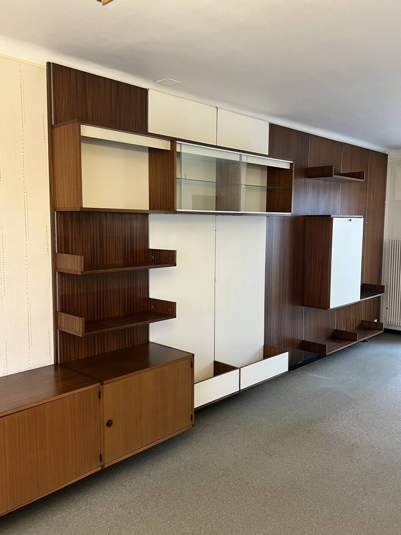 Modular Wall System in Wood Veneer, White Laminate, Glass and