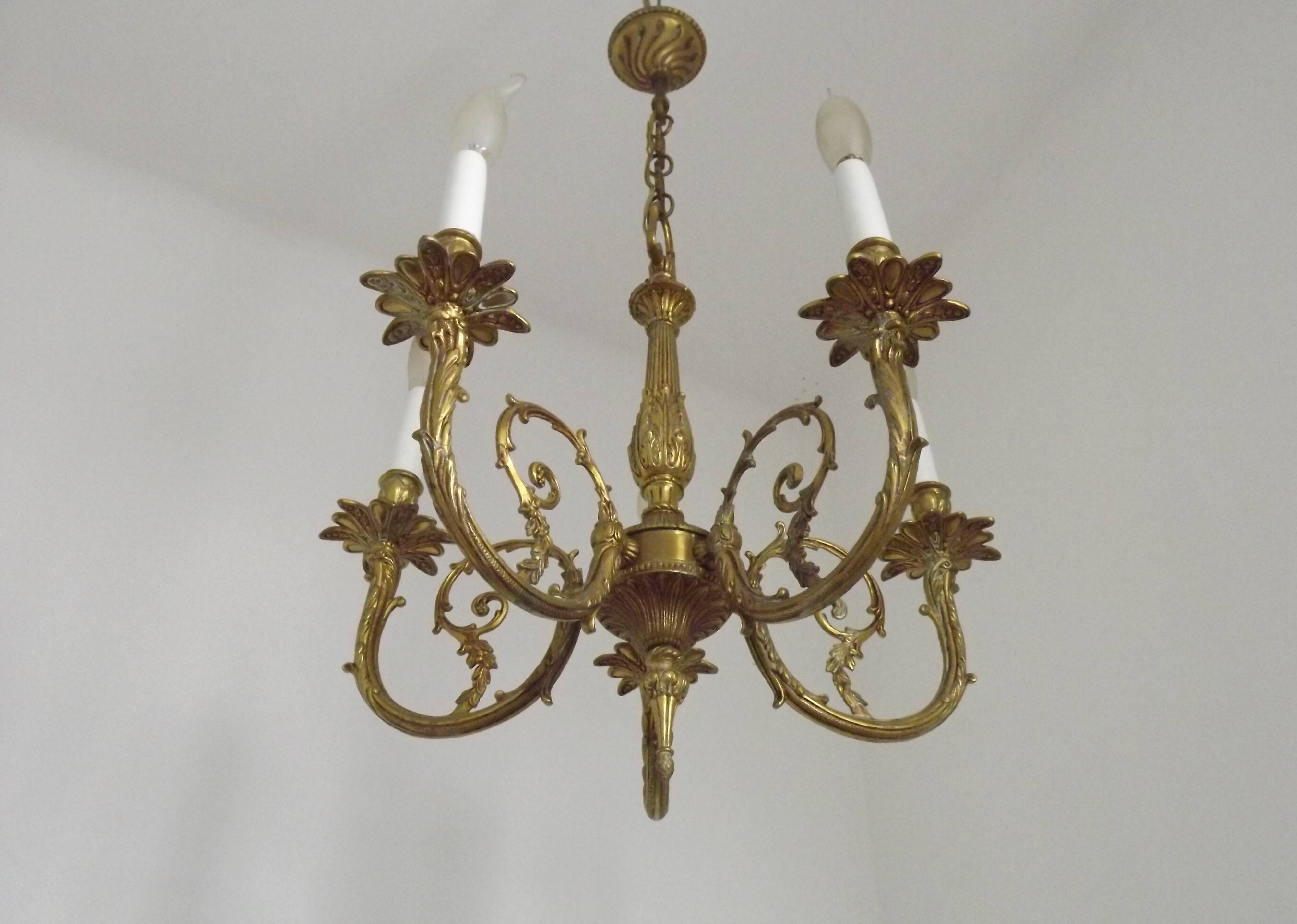 Elegant French Vintage Bronze 5-Light Art Nouveau Style Chandelier