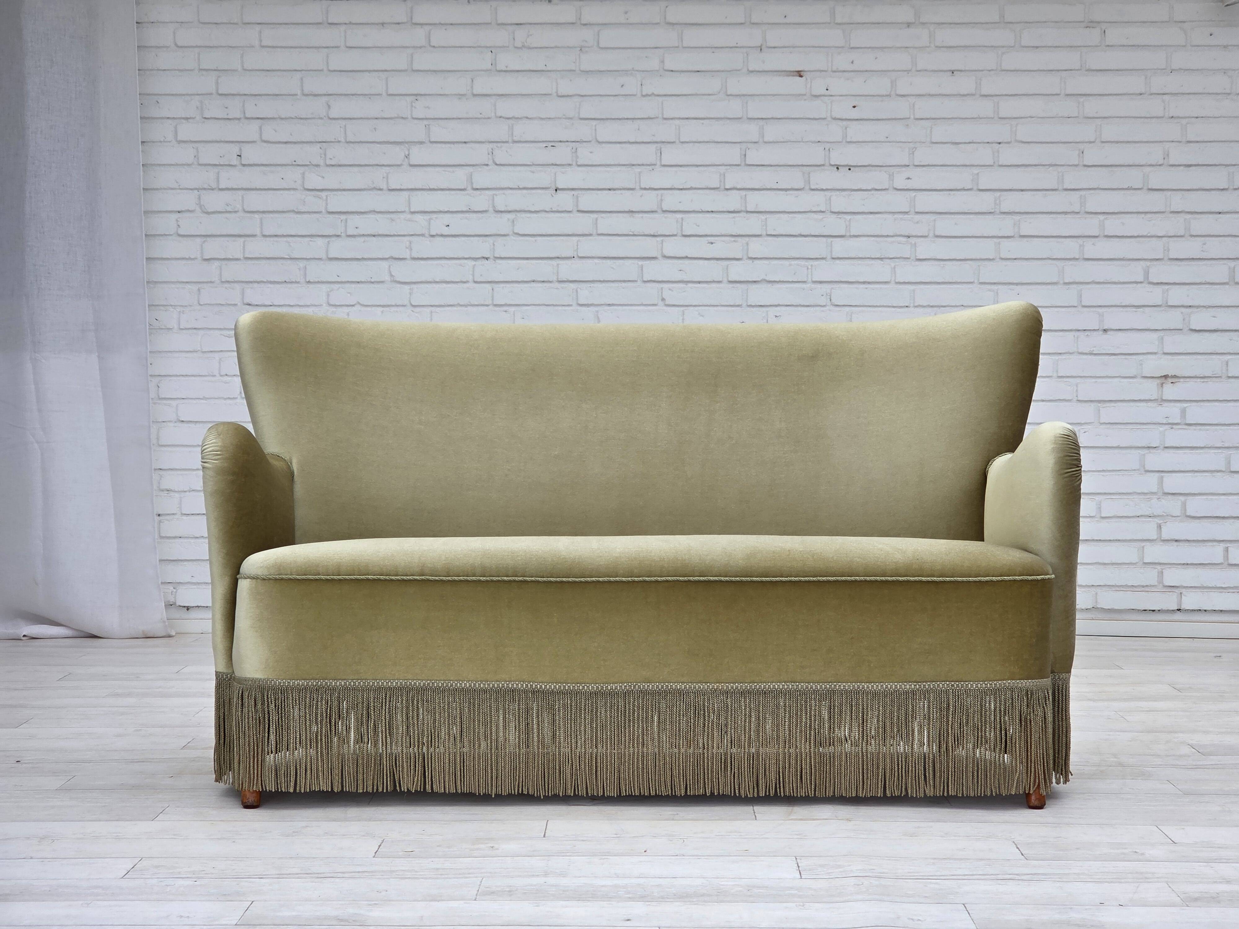 1960s, Danish 2-seater sofa, green furniture velour, beech wood legs.