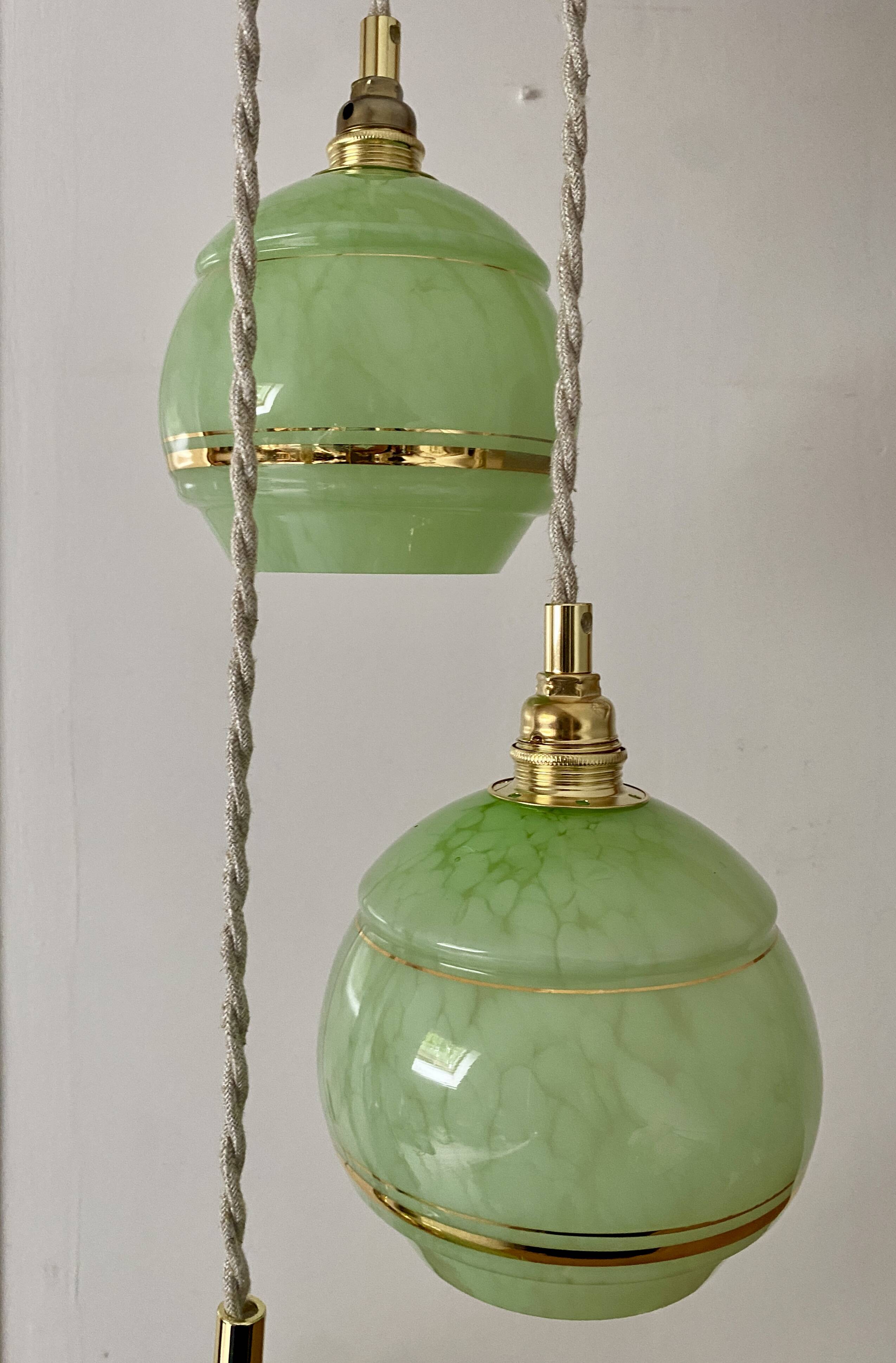 Vintage art deco triple globe pendant light in mint and gold glass