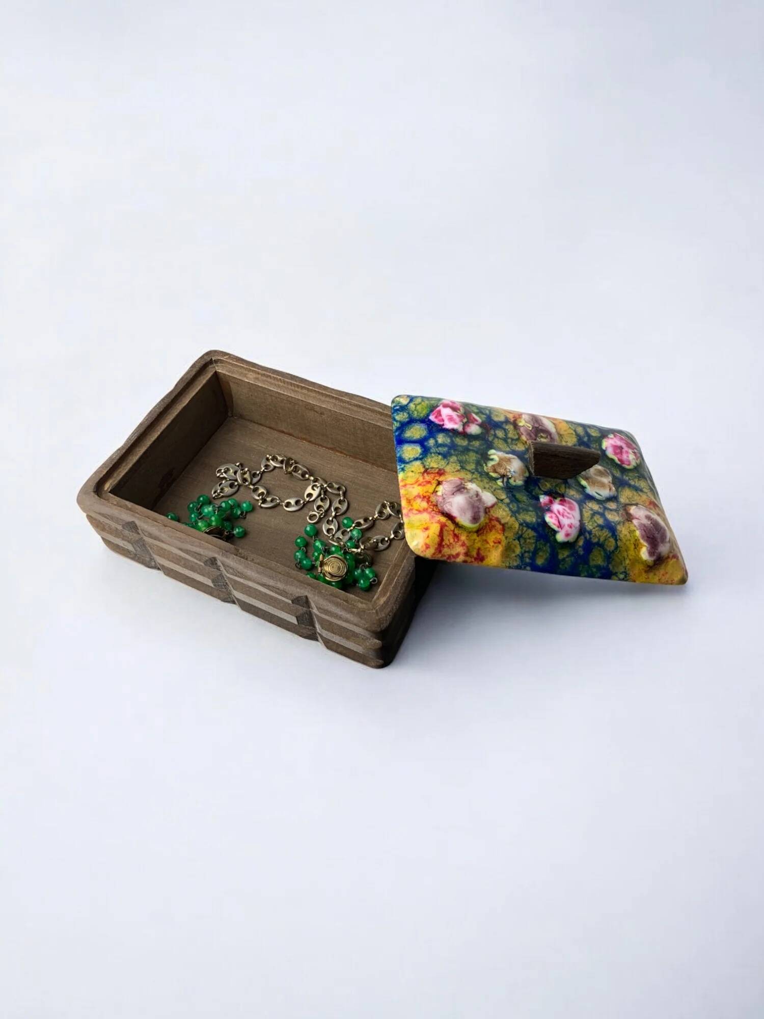 Modernist wood and enamel vanity box by J. Capo Esmaltes, 1970, Spain