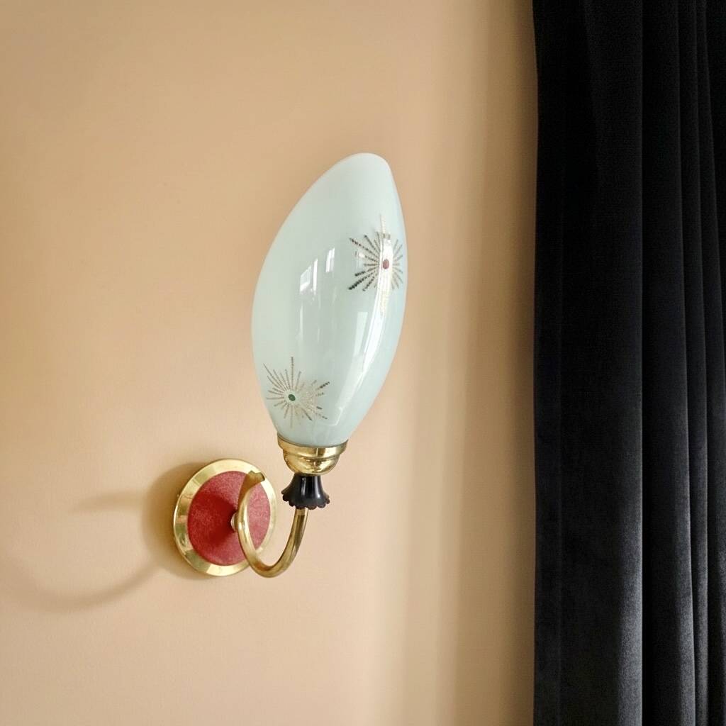 Vintage Mid Century Space Age brass & green opaline wall light Lunel