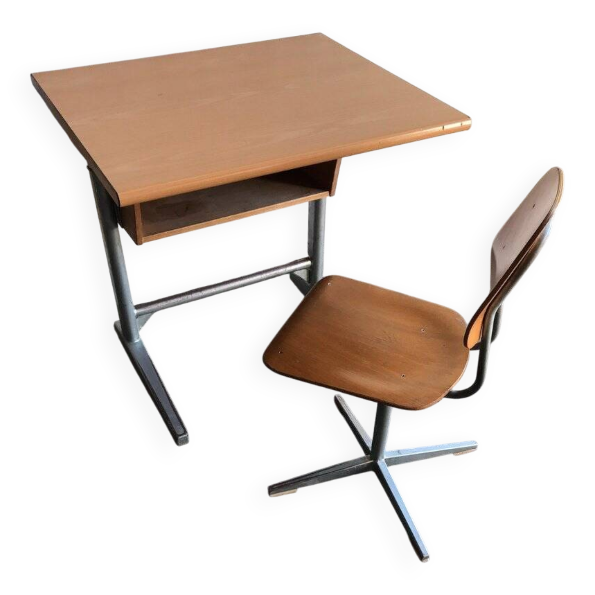 Embru 1960s desk and school chair set in brown wood and grey metal — set of 2