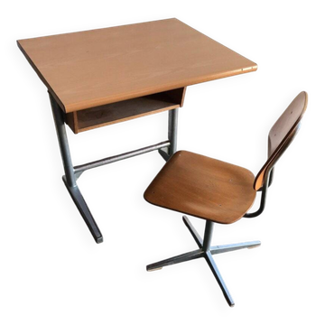 Embru 1960s desk and school chair set in brown wood and grey metal — set of 2
