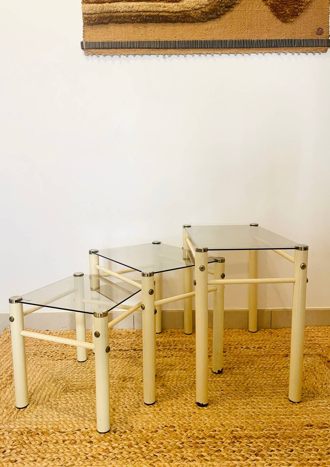 Glass nesting tables Yves Boutboul design 70s Signed