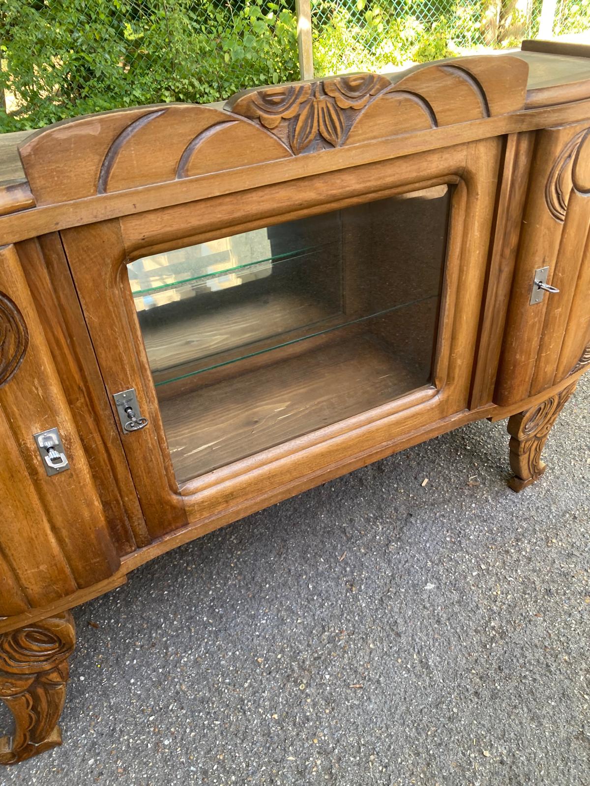 Art Deco sideboard top, low display cabinet in solid wood and mirror from the 1940s.