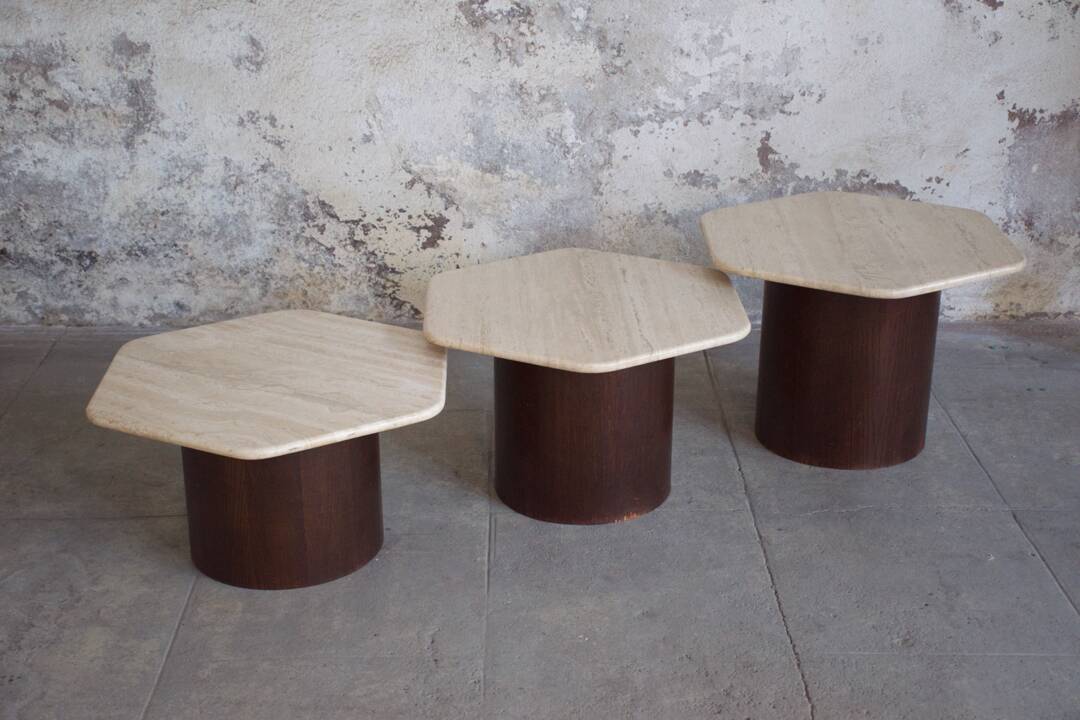 Three Gigogne Travertine coffee tables 1960