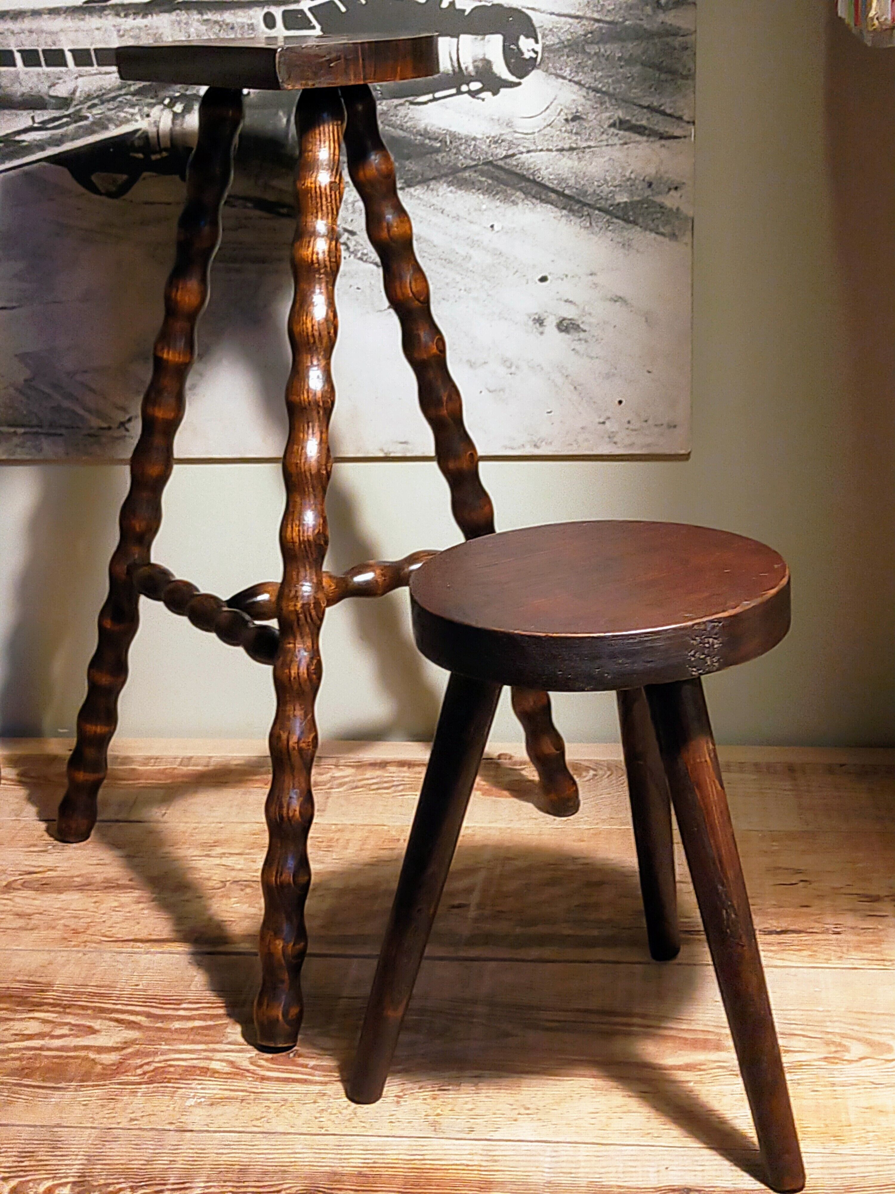 Stool high tripod solid wood turned vintage