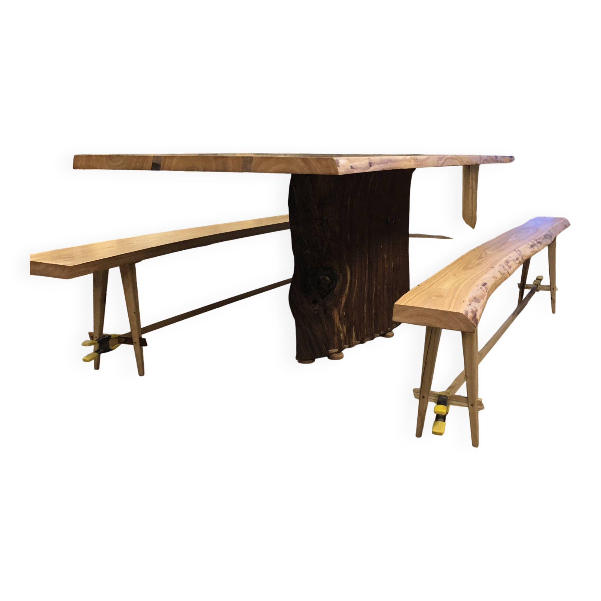 Chestnut and walnut solid table and benches with a central leg.