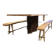 Chestnut and walnut solid table and benches with a central leg.