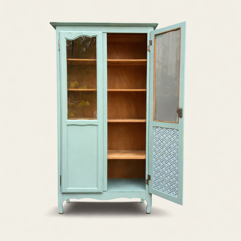 Vintage grey-green glass cabinet from the 1960s.