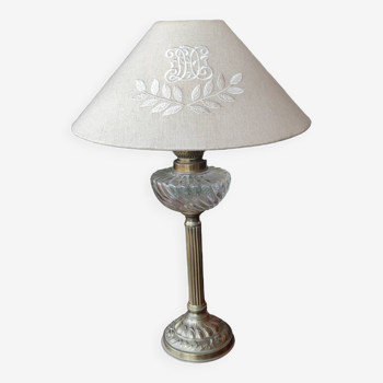 Old small electrified kerosene lamp with monogrammed lampshade