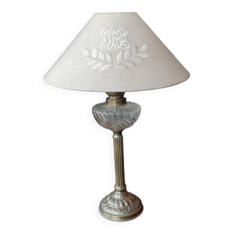 Old small electrified kerosene lamp with monogrammed lampshade