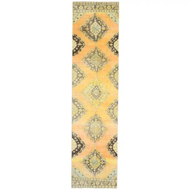 1970s Vintage Turkish Hand-Knotted Wool Cotton Orange Runner Rug 92x390