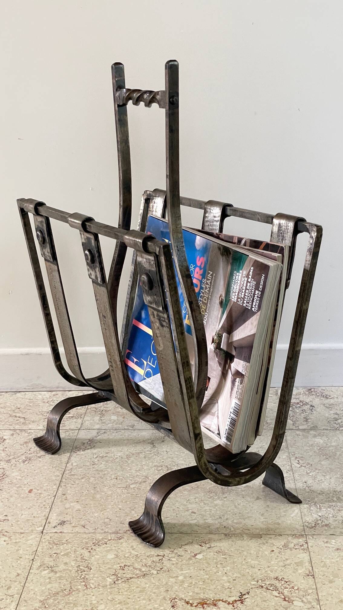 Brutalist vintage steel magazine rack