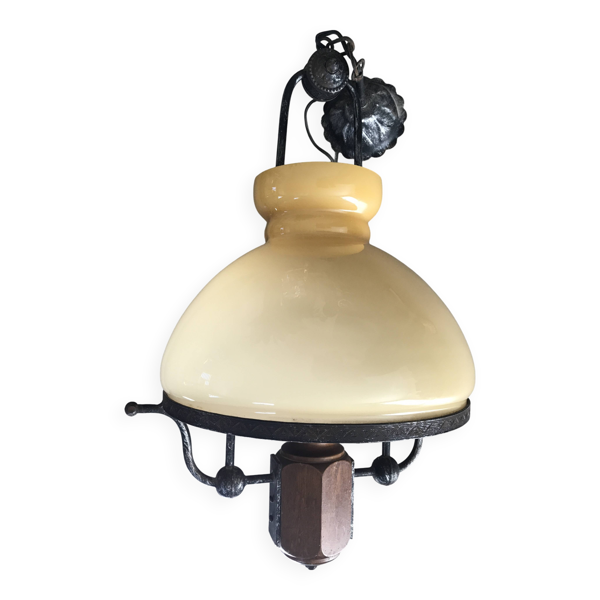 Suspension vintage wood and iron chandelier with yellow opaline lampshade