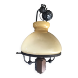 Suspension vintage wood and iron chandelier with yellow opaline lampshade