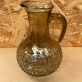 Antique Pitcher Carafe Molded Glass Smoked Grey Flower Decor Relief Vintage