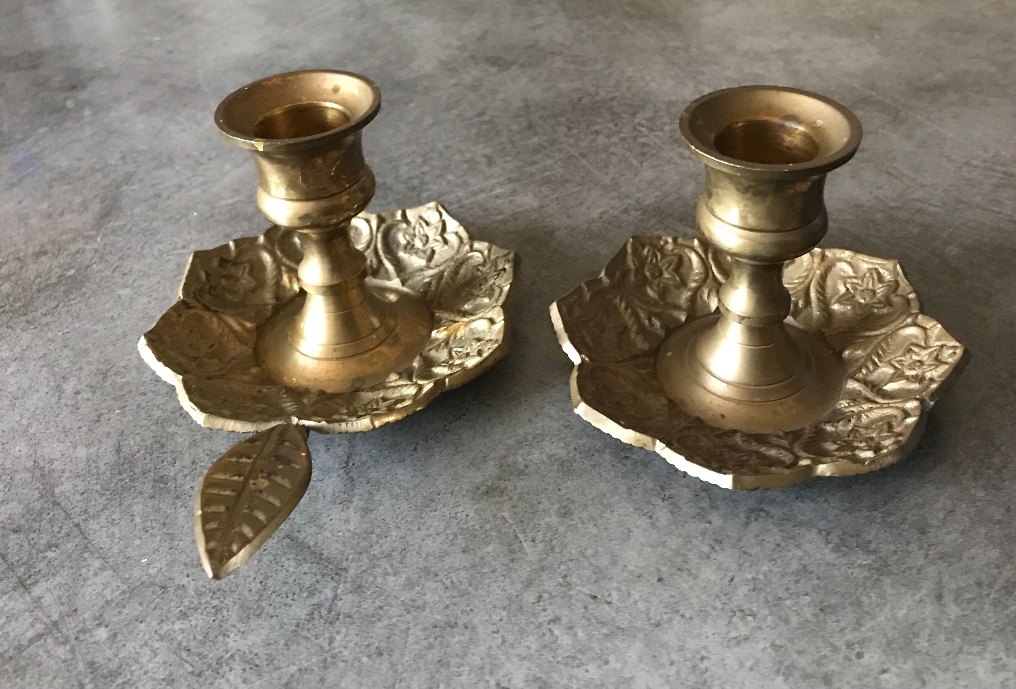 PAIR of BRASS table CANDLE HOLDERS with Flower Patterns