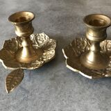 PAIR of BRASS table CANDLE HOLDERS with Flower Patterns