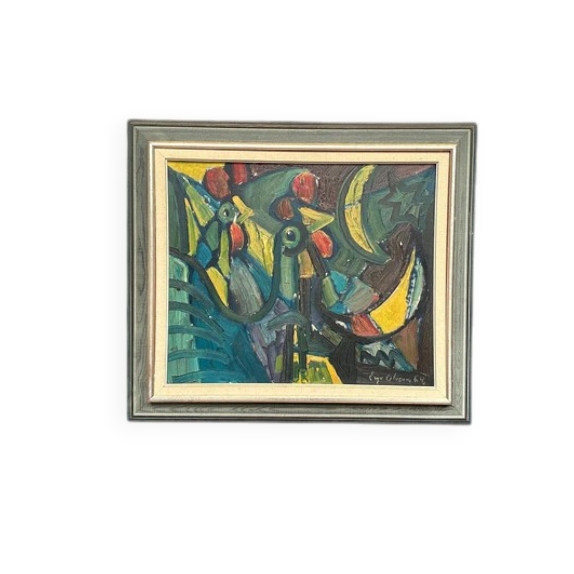 Original Danish Oil on Canvas – “Chicken Composition” by Eyvind Olesen