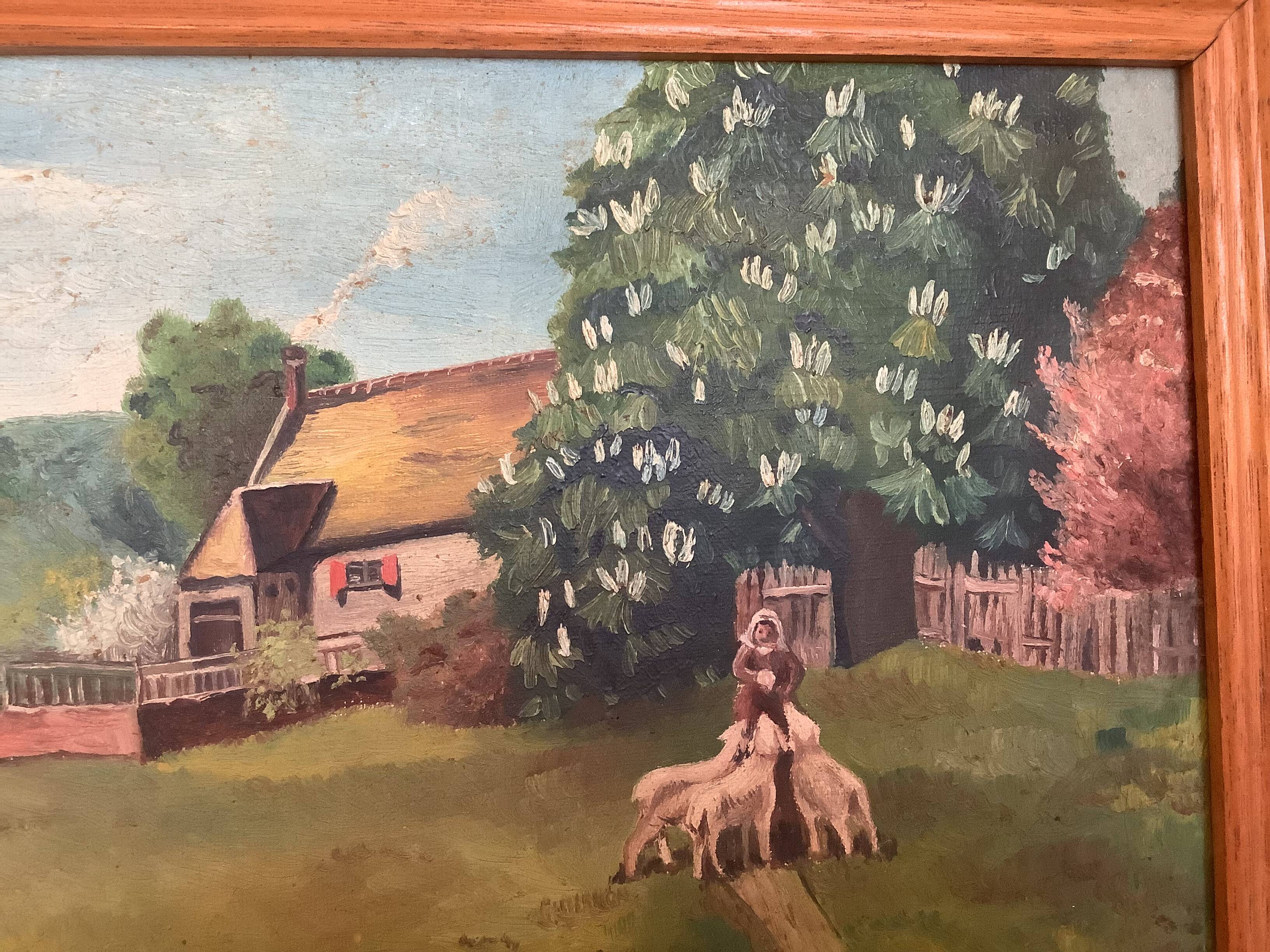 Shepherd's table and its sheep, oil on canvas signed.