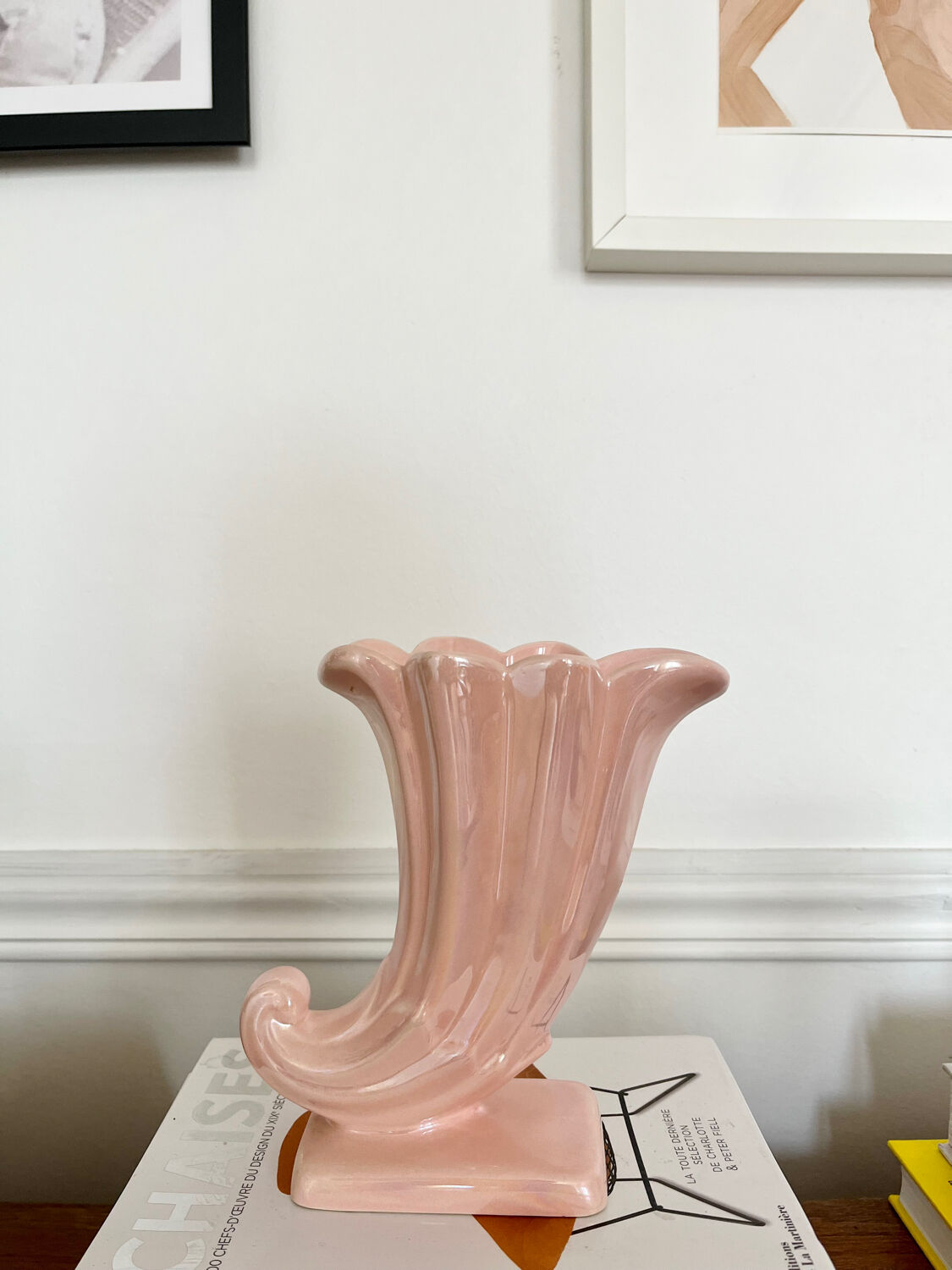 Duo of vintage iridescent ceramic vases
