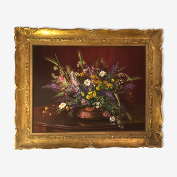 Tableau encadré et signé représentant bouquet de fleurs