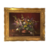 Framed and signed table representing bouquet of flowers