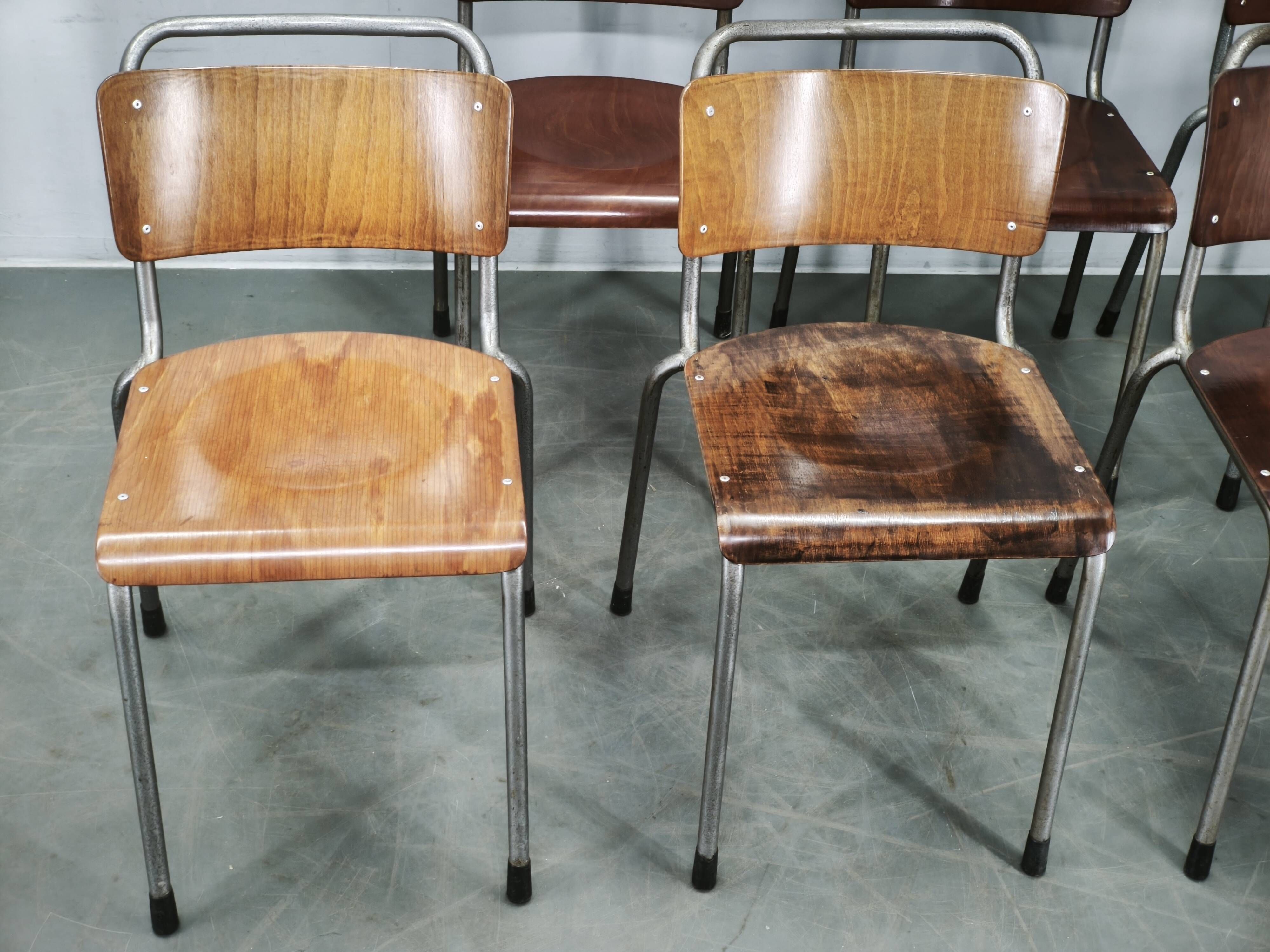 Set of 6 Gispen 106 Dutch Industrial Plywood Chairs, 1960s