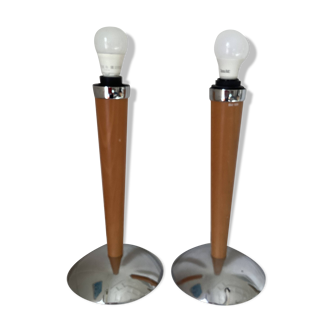 2 vintage lamp bases, chrome and wood, for creating a mushroom lamp