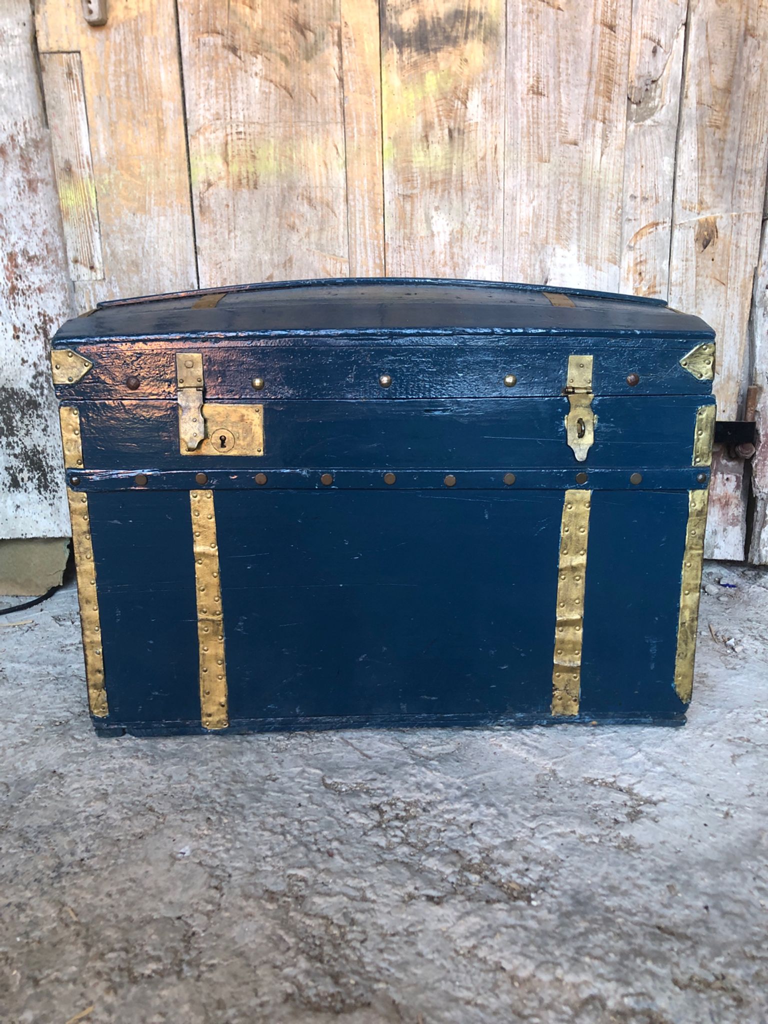 Old vintage blue & gold wood storage chest #a127