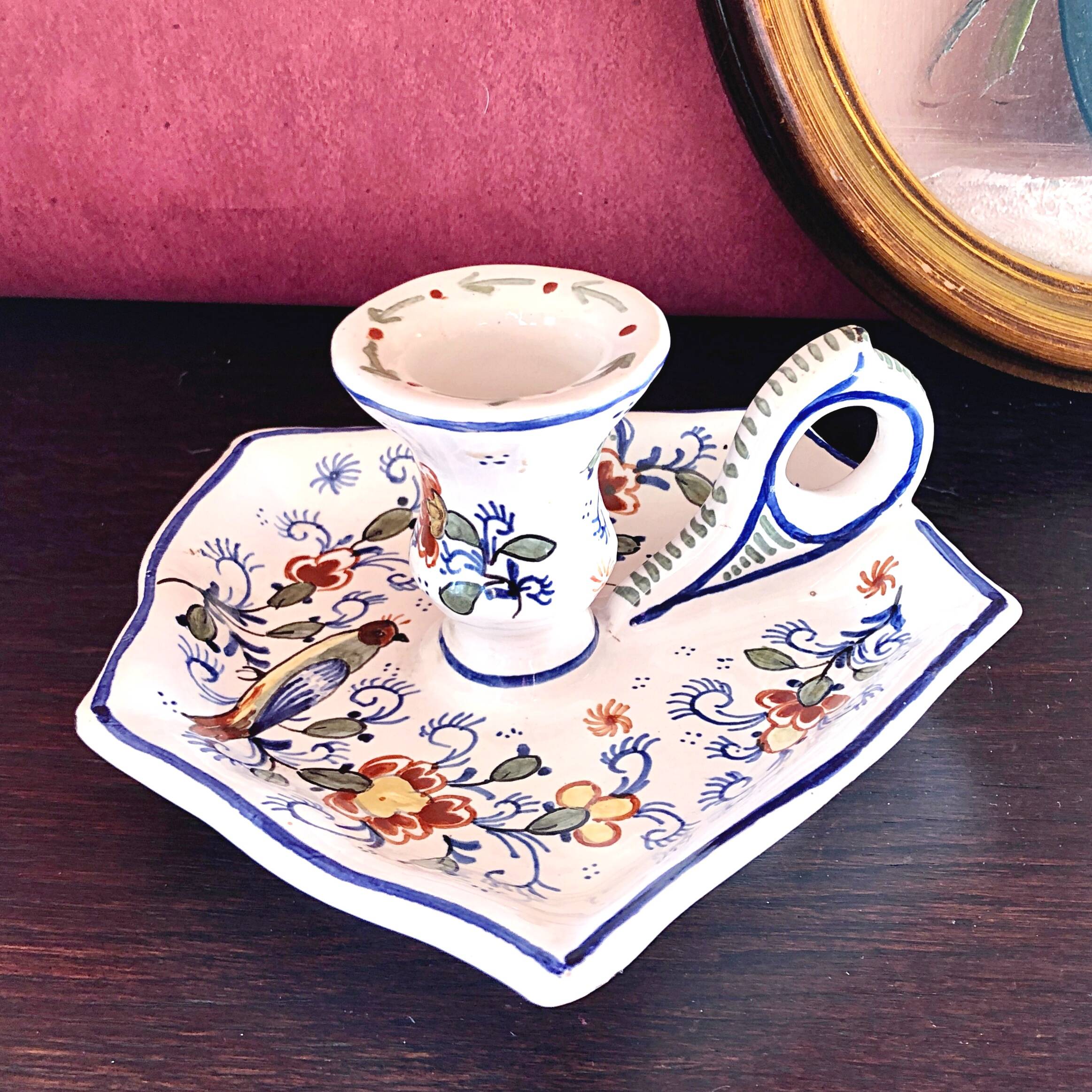 Handcrafted enameled ceramic candle holder signed vintage Rouen style decor