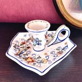 Handcrafted enameled ceramic candle holder signed vintage Rouen style decor