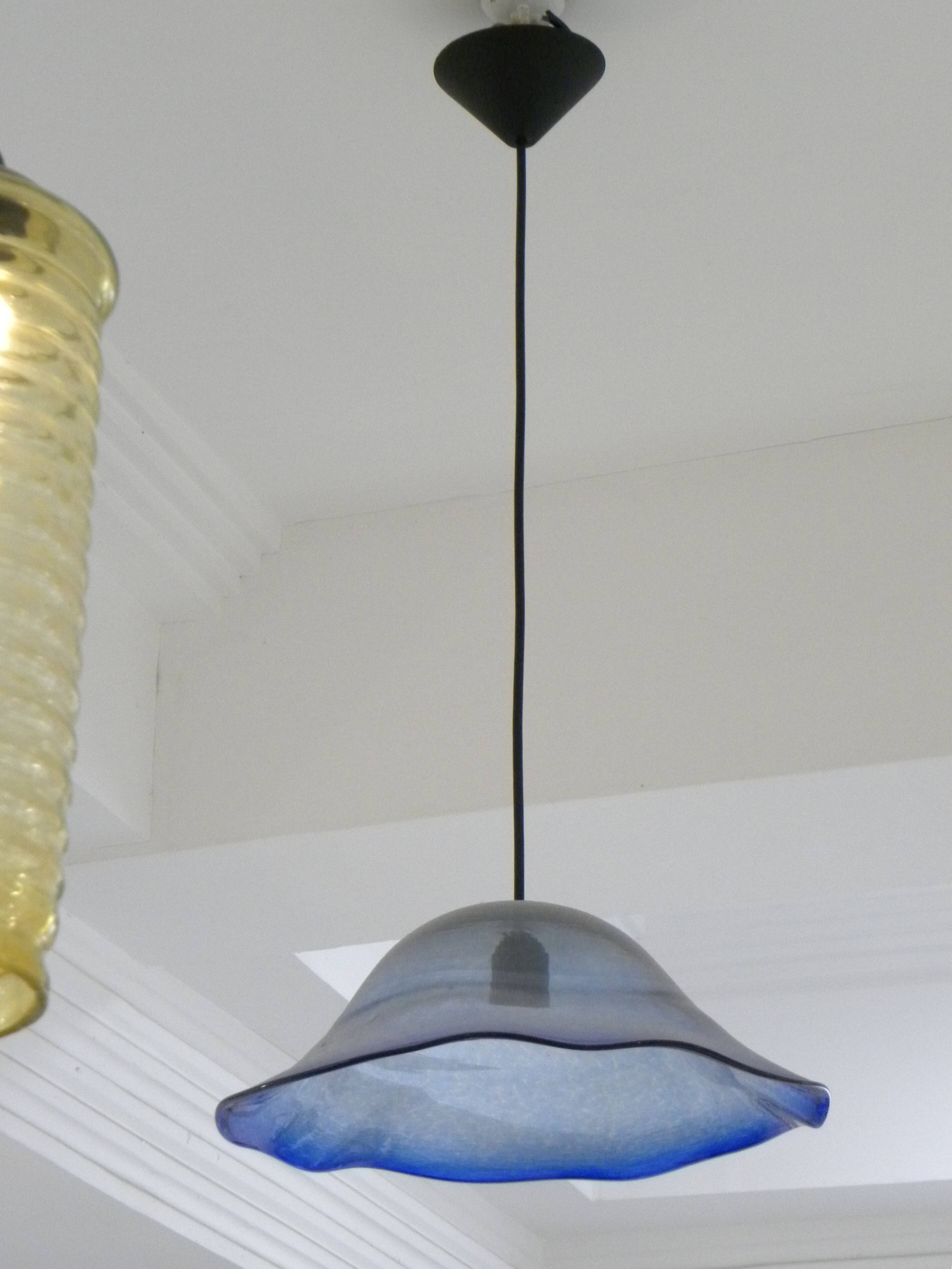 Frosted blue blown glass suspension light in 70s retro style.