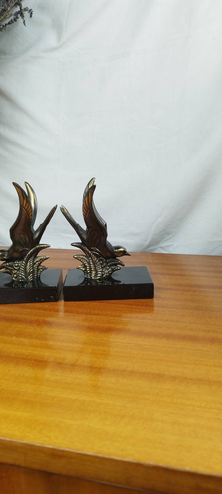 Pair of Art Deco Bookends of Swallows in Flight, Marble & Spelter