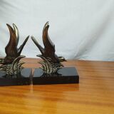 Pair of Art Deco Bookends of Swallows in Flight, Marble & Spelter
