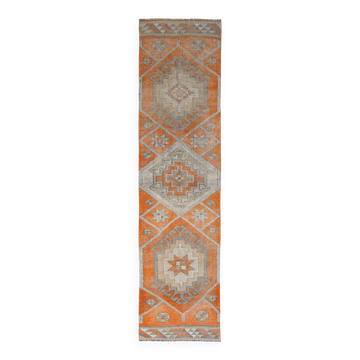 Colorful Tribal Rug, Unique Corridor Accent, Turkish Wool Runner, 86x356Cm