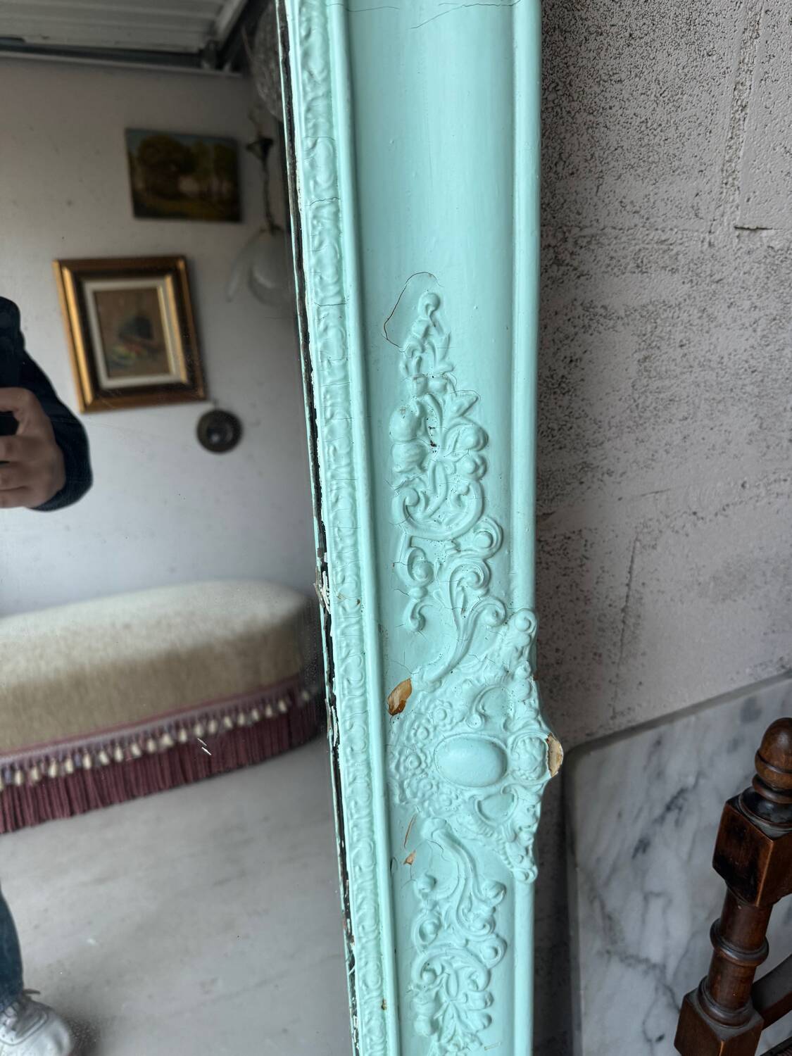 Large antique mercury mirror, patinated blue sculpted frame.