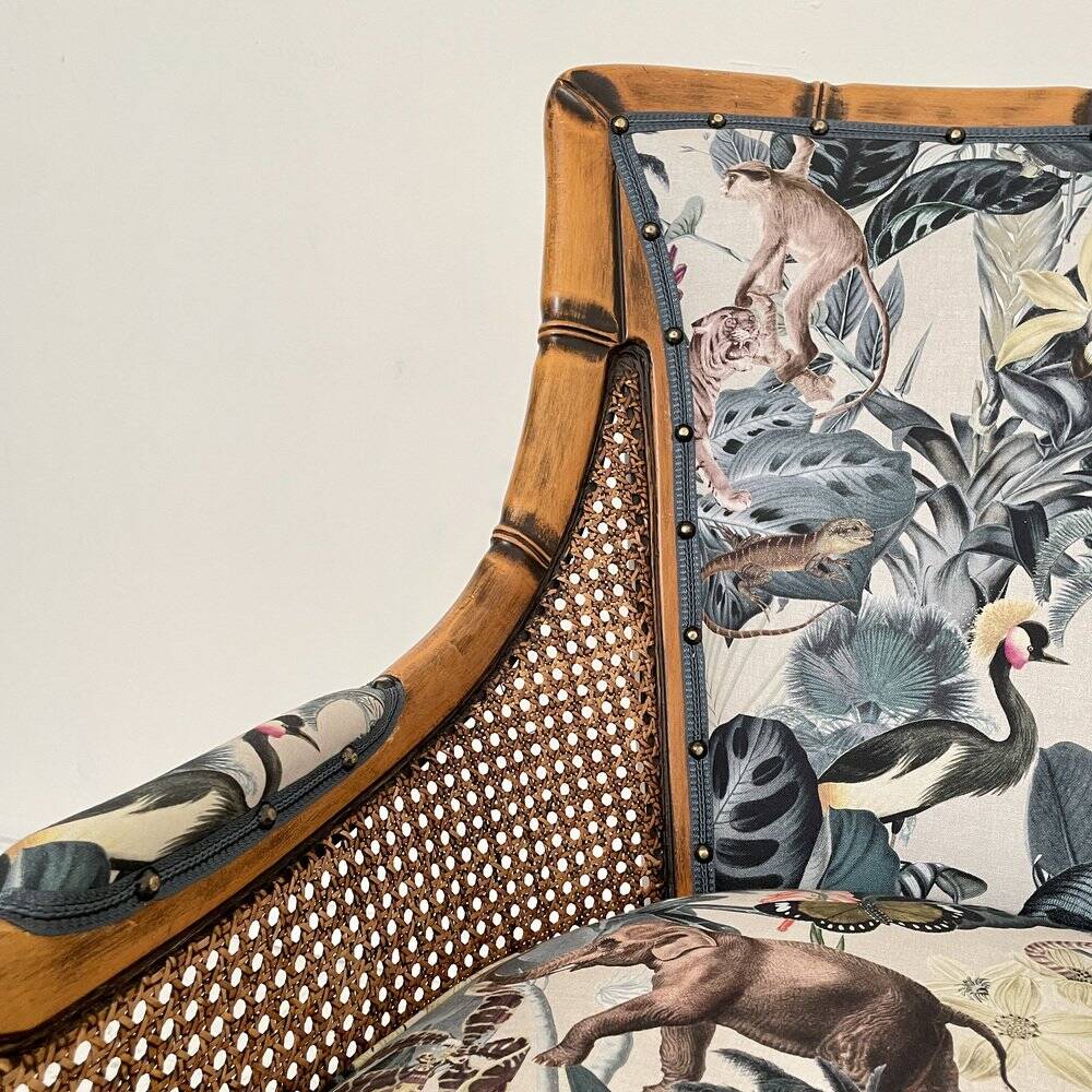 Mid-Century French Armchair in Bamboo Style with Animal Print Fabric, 1980